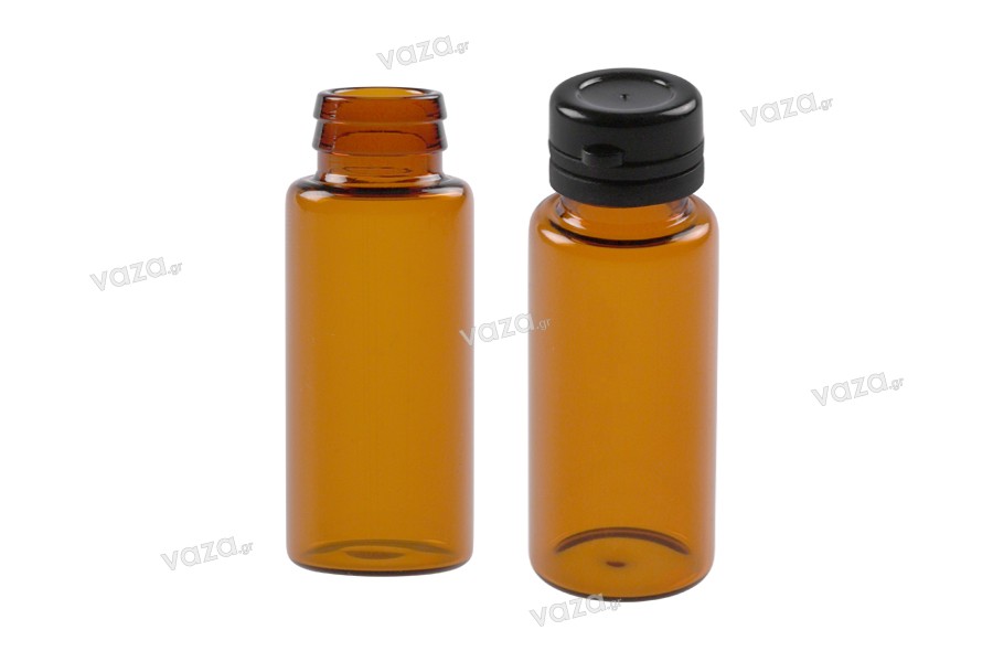 Flaconcino di vetro in colore ambra da 10 ml con tappo di sicurezza nero in plastica (a pressione) per farmaci e omeopatici.