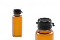Flaconcino di vetro in colore ambra da 20 ml con tappo di sicurezza nero in plastica (a pressione) per farmaci e omeopatici.