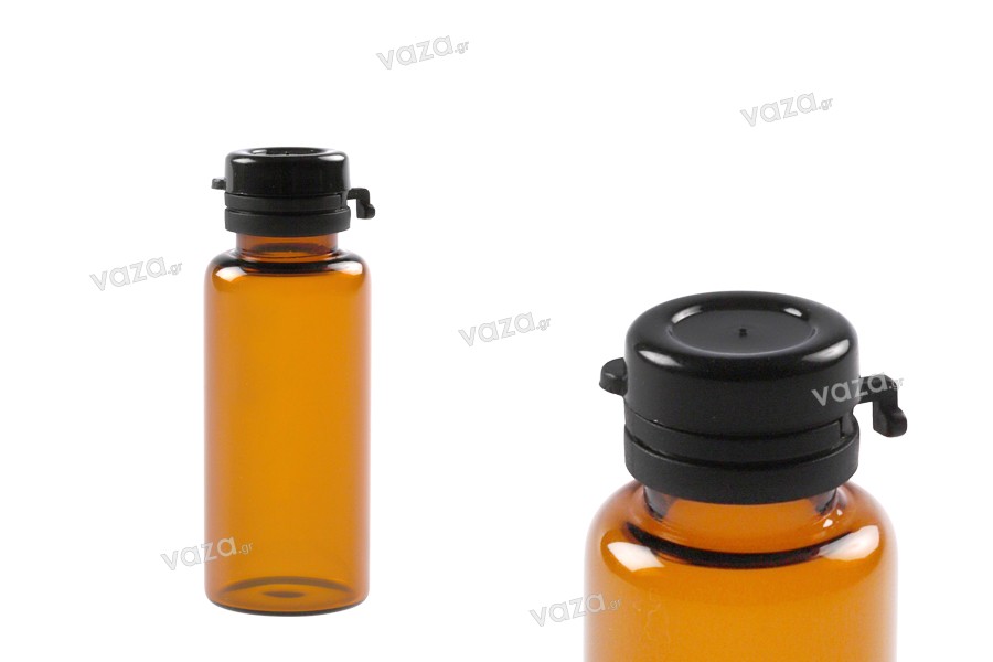 Flacon en verre de 15 ml de couleur caramel avec bouchon de sécurité en plastique noir (encliquetable) pour médicaments et homéopathie