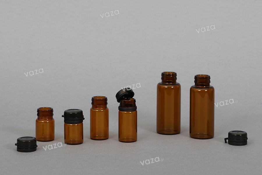 5ml amber glass vial with black plastic child-resistant cap for medicines and pharmaceutical products
