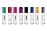 Roll-on glass, 10 ml transparent glass with silver print and aluminum lid in various colors for churches - monasteries