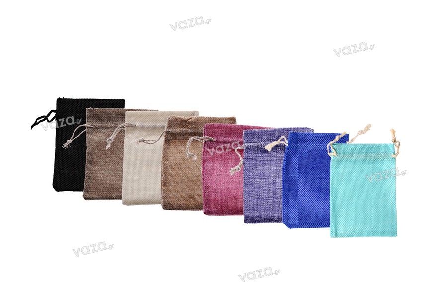 Saccheto portaconfetti in tessuto 100x140 mm con cordino in vari colori.