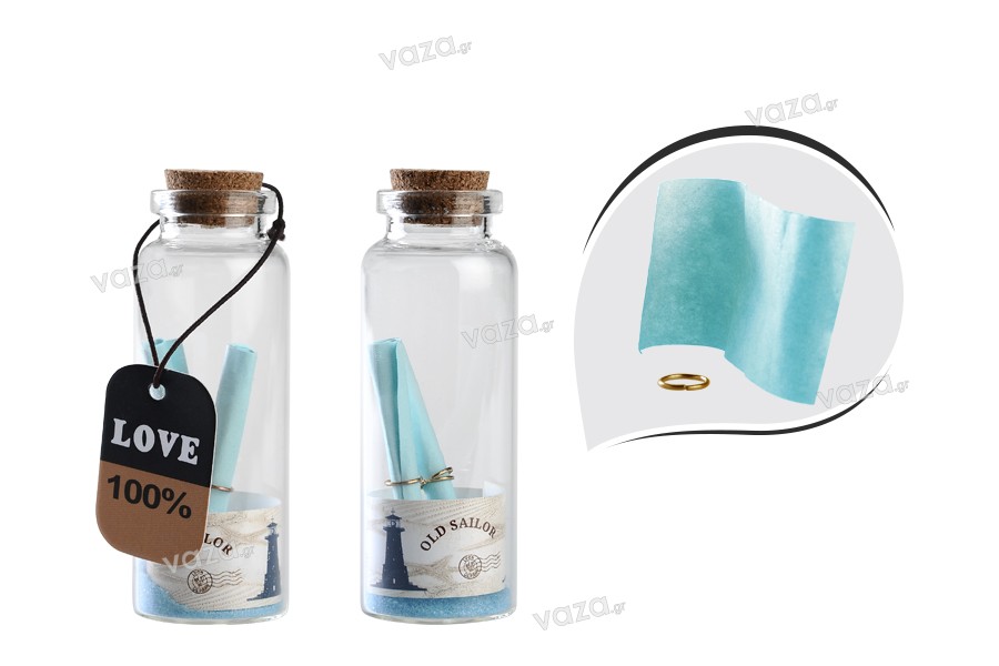 Faveurs de mariage : bouteilles à la mer en verre avec bouchon en liège dans une boîte de 12 pièces.