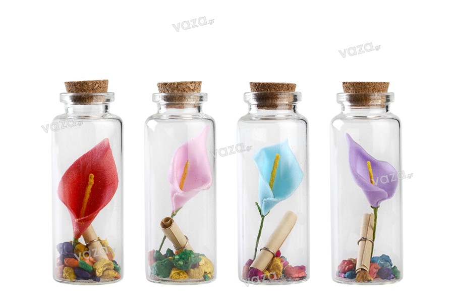 Faveurs de mariage : bouteilles en verre avec bouchon en liège dans une boîte de 12 pièces.