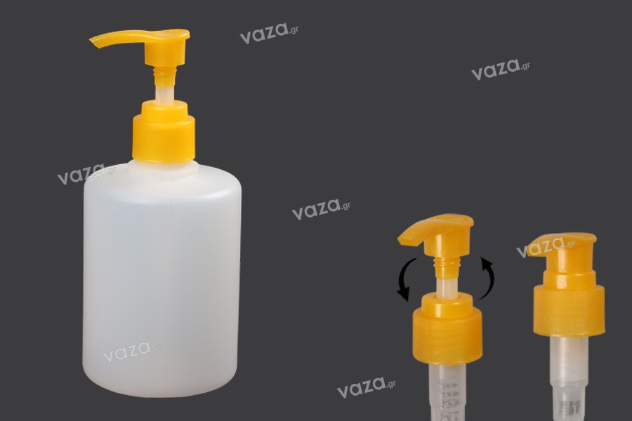 Flacon plastique de 300 ml, translucide, avec pompe 24/410 pour les antiseptiques pour les mains et les produits de nettoyage