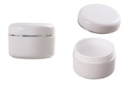 White 50ml double wall plastic cream jar with silver stripe on cap and EPE liner inserted in the cap - available in a package with 12 pcs