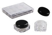 Square transparent 5 ml acrylic cream jar with black cap in an acrylic storage case, available in a package with 12 pieces