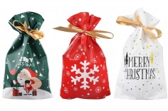 Πλαστικά σακουλάκια 150x60x230 mm με χριστουγεννιάτικες φιγούρες και κορδέλα - 50 τμχ