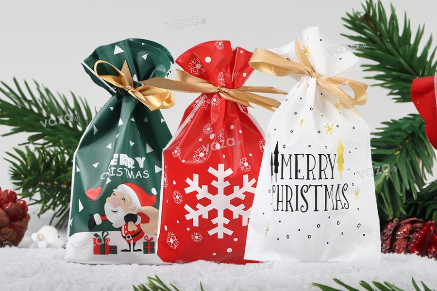 Christmas plastic bags 150x60x230 mm with ribbon - 50 pcs