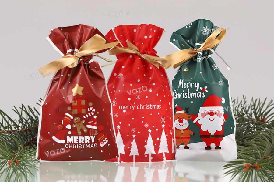 Christmas plastic bags 150x60x230 mm with ribbon - 50 pcs