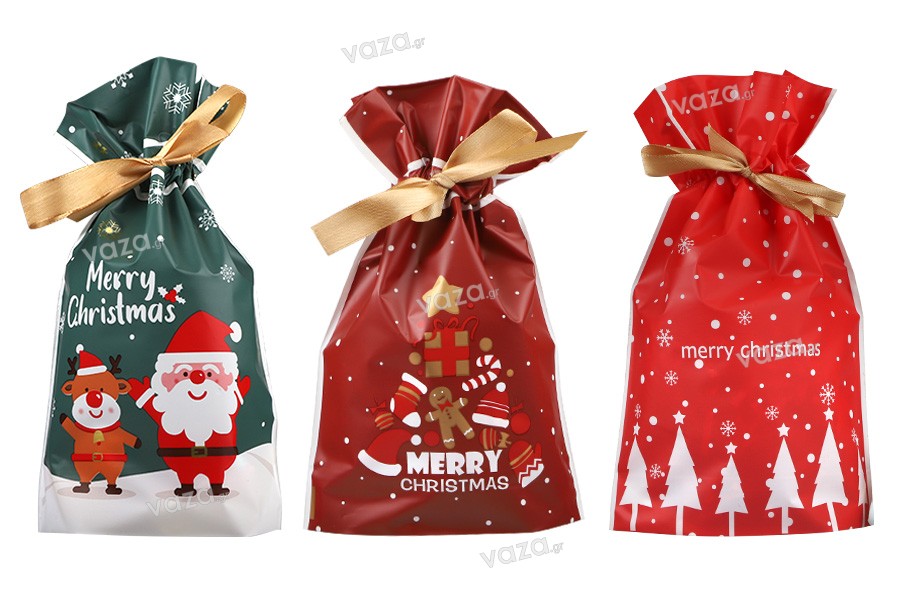 Christmas plastic bags 150x60x230 mm with ribbon - 50 pcs