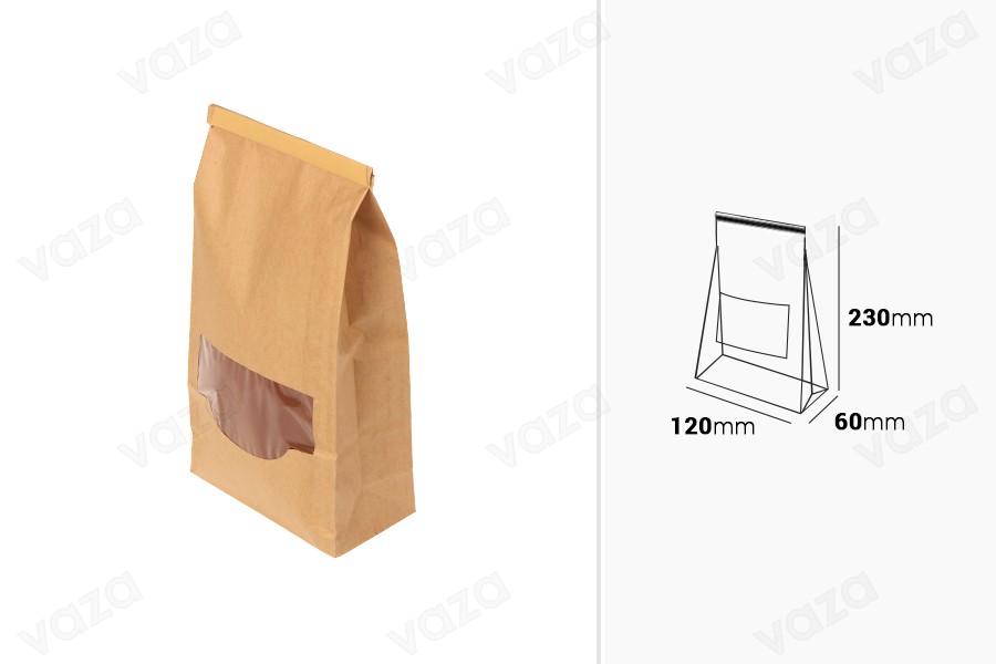 Sachets en papier kraft 120 x 60 x 230 mm avec fenêtre et refermable par système d'attache en étain repliable Sachets en papier kraft 120 x 60 x 230 mm avec fenêtre et refermable par système d'attache en étain repliable-εικόνα_διαστάσεις