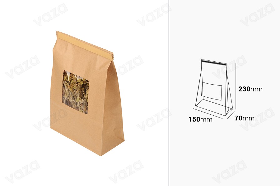 Sachets en papier kraft 150 x 70 x 230 mm avec fenêtre et refermable par système d'attache en étain repliable Sachets en papier kraft 150 x 70 x 230 mm avec fenêtre et refermable par système d'attache en étain repliable-photo_dimensions