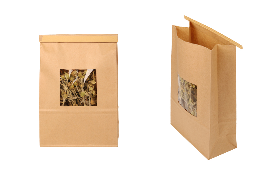 Sachets en papier kraft 150 x 70 x 230 mm avec fenêtre et refermable par système d'attache en étain repliable Sachets en papier kraft 150 x 70 x 230 mm avec fenêtre et refermable par système d'attache en étain repliable