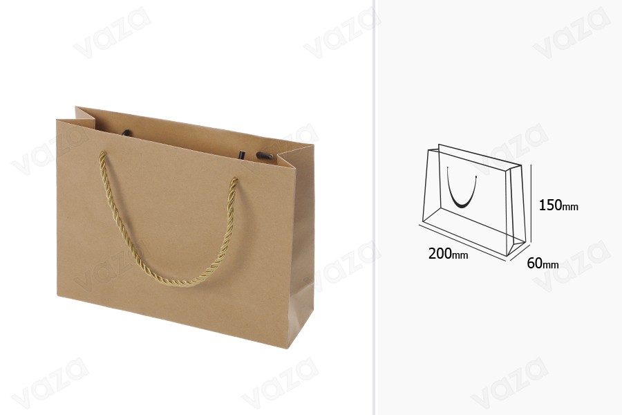 Sac cadeau en papier marron avec cordon torsadé 200 x 60 x 150 mm - 12 pcs-photo_dimensions