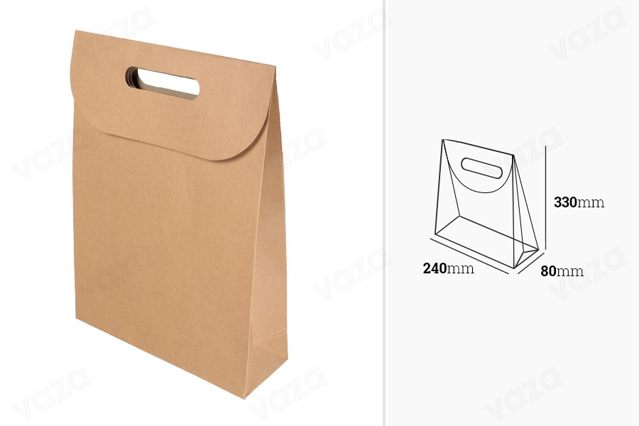 Sac cadeau en papier de couleur marron avec fermeture adhésive en papier hitch 240 x 80 x 330 mm Sac cadeau en papier de couleur marron avec fermeture adhésive en papier hitch 240 x 80 x 330 mm-photo_dimensions