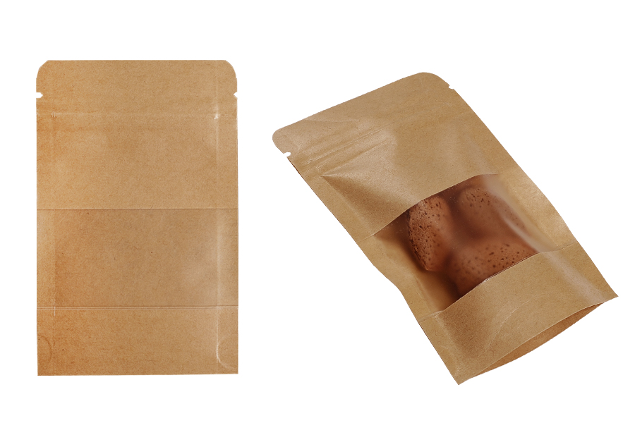 Standbodenbeutel Kraftpapier, Doy-Pack, mit Sichtfenster, Druckverschluss und innere und äußere transparente Auskleidung, 80x30x125 mm -100 Stücke Standbodenbeutel Kraftpapier, Doy-Pack, mit Sichtfenster, Druckverschluss und innere und äußere transparente Auskleidung, 80x30x125 mm -100 Stücke