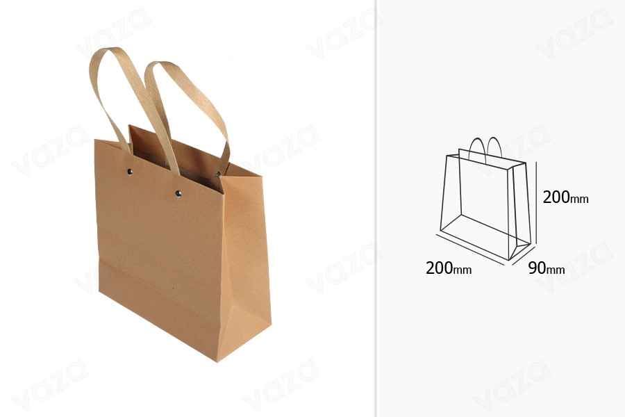 Sac en papier avec poignée marron laminée et « clous » argentés 200 x 90 x 200 Sac en papier avec poignée marron laminée et « clous » argentés 200 x 90 x 200-photo_dimensions