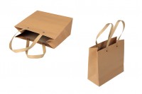 Paper gift bag with laminated brown handle and silver press fasteners in size 220x90x200