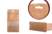 Sachets en papier kraft de type Doypack, avec zip, fenêtre  et trou Eurohole, revêtement transparent interne et externe, possibilité de scellage par thermoscellage 100 x 60 x 200 mm – 50 pcs