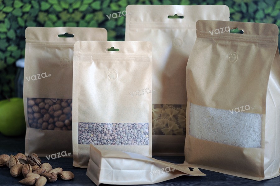 Σακουλάκια κραφτ τύπου Doy Pack, με κλείσιμο "zip", βαλβίδα, παράθυρο και τρύπα Eurohole, εσωτερική και εξωτερική διάφανη επένδυση και δυνατότητα σφράγισης με θερμοκόλληση 180x80x280 mm - 25 τμχ