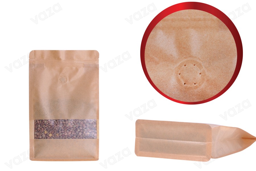Kraftbeutel vom Typ Doy Pack  140x65x240 mm, mit Reißverschluss, Ventil, Fenster, Innen- und Außenfutter transparent und Möglichkeit zum Versiegeln mit Heißsiegeln - 25 Stück-εικόνα_διαστάσεις