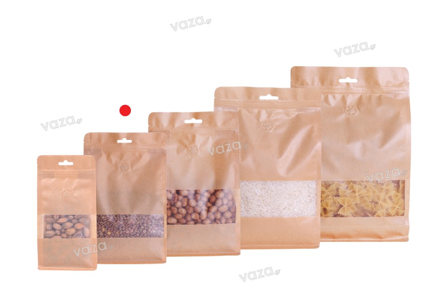 Σακουλάκια κραφτ τύπου Doy Pack, με κλείσιμο "zip", βαλβίδα, παράθυρο και τρύπα Eurohole, εσωτερική και εξωτερική διάφανη επένδυση και δυνατότητα σφράγισης με θερμοκόλληση 180x80x280 mm - 25 τμχ