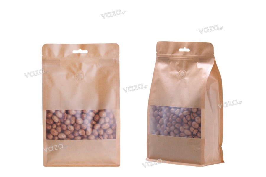 Σακουλάκια κραφτ τύπου Doy Pack, με κλείσιμο "zip", βαλβίδα, παράθυρο και τρύπα Eurohole, εσωτερική και εξωτερική διάφανη επένδυση και δυνατότητα σφράγισης με θερμοκόλληση 180x80x280 mm - 25 τμχ