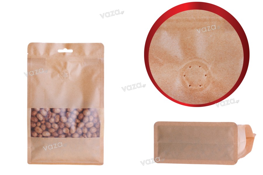 Σακουλάκια κραφτ τύπου Doy Pack, με κλείσιμο "zip", βαλβίδα, παράθυρο και τρύπα Eurohole, εσωτερική και εξωτερική διάφανη επένδυση και δυνατότητα σφράγισης με θερμοκόλληση 180x80x280 mm - 25 τμχ