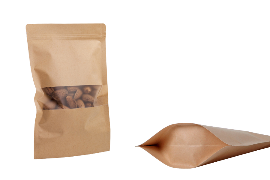 Standbodenbeutel Kraftpapier, Doy-Pack mit Sichtfenster, Druckverschluss und innere und äußere transparente Auskleidung, 200x50x300mm -100 Stücke Standbodenbeutel Kraftpapier, Doy-Pack mit Sichtfenster, Druckverschluss und innere und äußere transparente Auskleidung, 200x50x300mm -100 Stücke