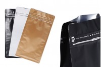 Doypack stand-up pouch kraft, heat sealable, easy open with sealing strip and zipper, 135x72x265 mm - available in 3 colors
