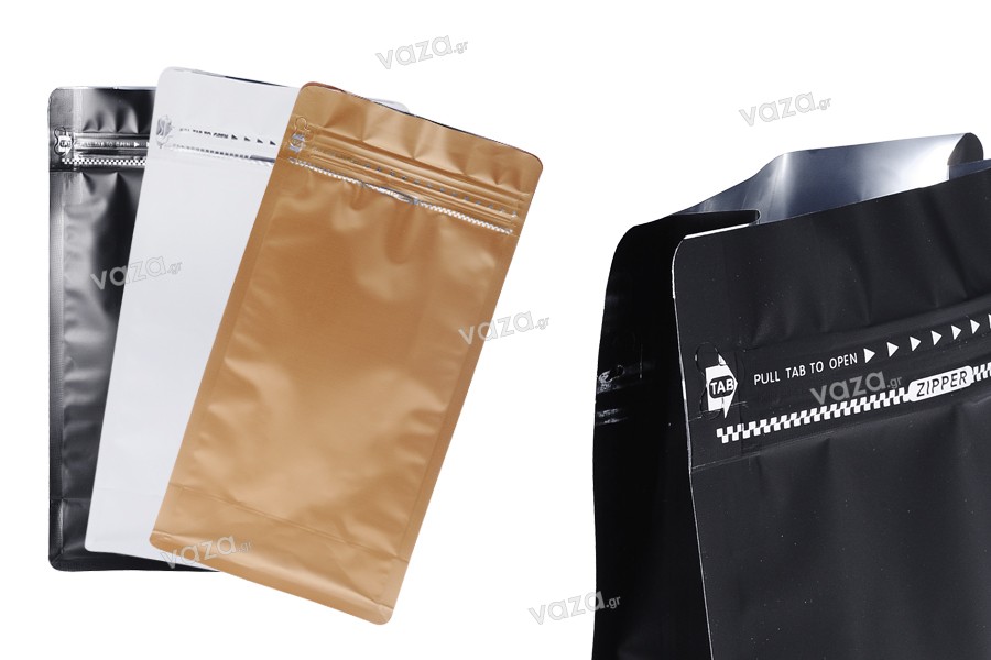 Σακουλάκια αλουμινίου τύπου Doy Pack, κλείσιμο με θερμοκόλληση, άνοιγμα με ταινία ασφαλείας και χρήση του zipper 135x80x265 mm - 3 χρώματα