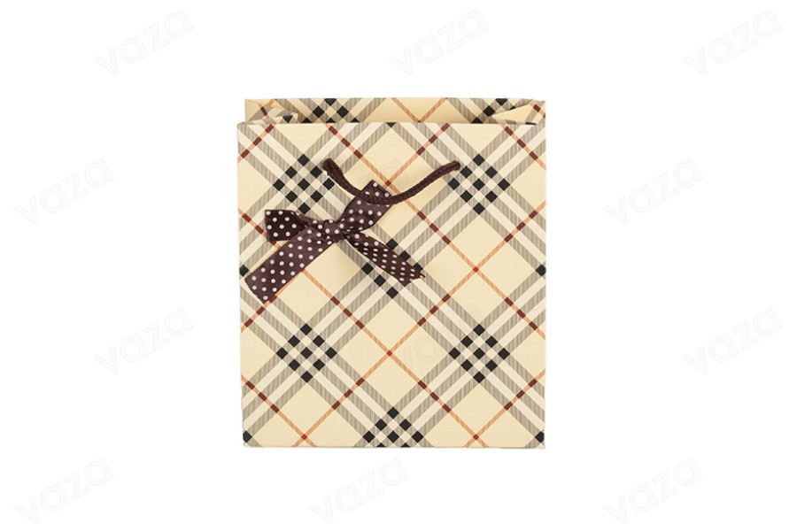 Sac cadeau en papier beige à carreaux avec nœud et cordon en coton 140 x 70 x 150 mm Sac cadeau en papier beige à carreaux avec nœud et cordon en coton 140 x 70 x 150 mm-εικόνα_προϊοντική