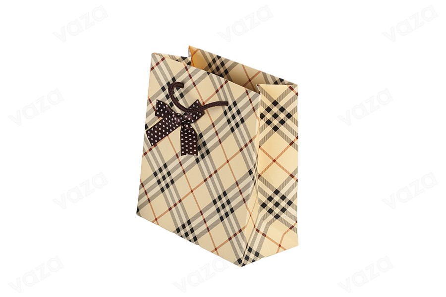 Sac cadeau en papier beige à carreaux avec nœud et cordon en coton 140 x 70 x 150 mm Sac cadeau en papier beige à carreaux avec nœud et cordon en coton 140 x 70 x 150 mm-εικόνα_διαστάσεις