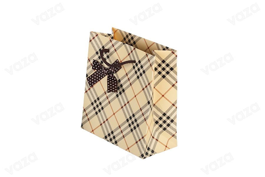 Sac cadeau en papier beige à carreaux avec nœud et cordon en coton 140 x 70 x 150 mm Sac cadeau en papier beige à carreaux avec nœud et cordon en coton 140 x 70 x 150 mm-photo_dimensions