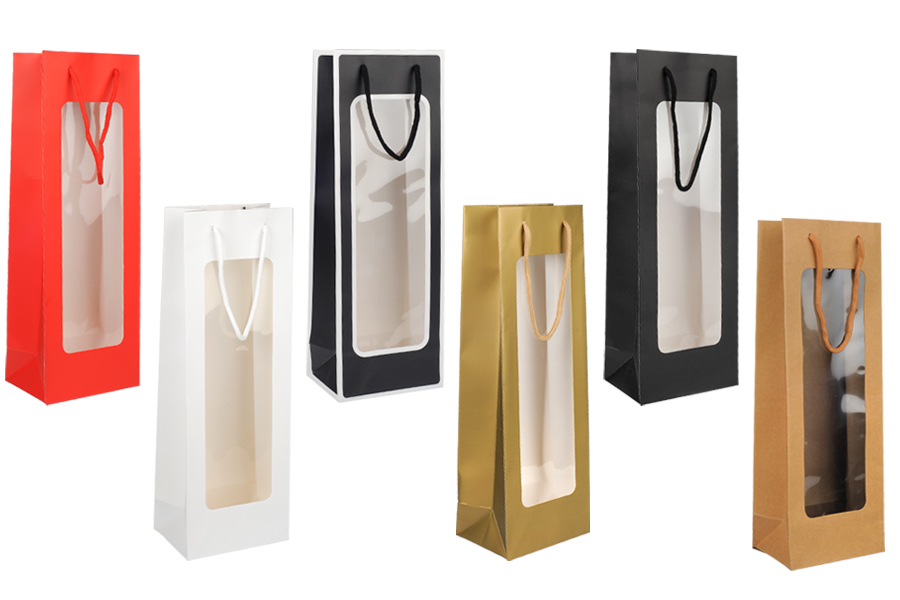 Geschenktüte aus Papier 125x85x360 mm mit Sichtfenster und Kordelgriff - 12 Stück