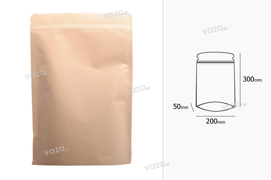 Σακουλάκια κραφτ τύπου Doy Pack, με κλείσιμο "zip", εσωτερική επένδυση αλουμινίου και δυνατότητα σφράγισης με θερμοκόλληση 200x50x300 mm - 50 τμχ