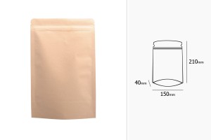 Sachets en papier kraft de type Doypack, avec fermeture zip, revêtement intérieur en aluminium et possibilité de fermeture par thermoscellage 150 x 40 x 210 mm - 50 pcs-εικόνα_διαστάσεις