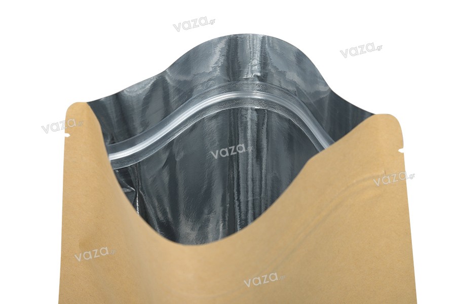 Sacchetti in carta kraft tipo Doy Pack, con chiusura a zip, fodera interna in alluminio e possibilità di sigillare con termosaldatura 180x40x260 mm – 50 pz