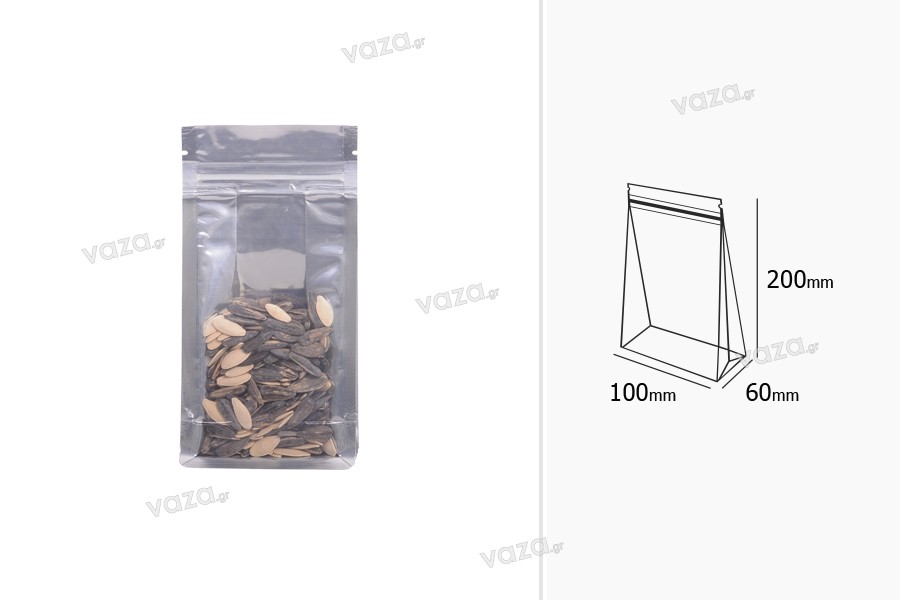 Σακουλάκια αλουμινίου τύπου Doy Pack, διάφανα με κλείσιμο "zip" και δυνατότητα σφράγισης με θερμοκόλληση 100x60x200 mm - 50 τμχ