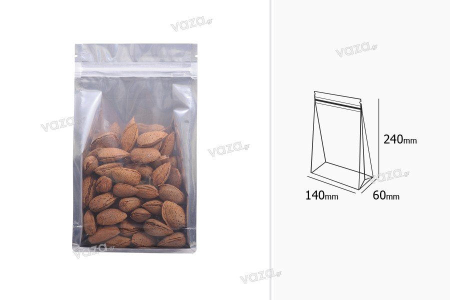 Sacchetti in allumunio tipo Doy Pack trasparenti con chiusura a zip e possibilità di sigillare con termosaldatura
140x60x240 mm – 50 pz