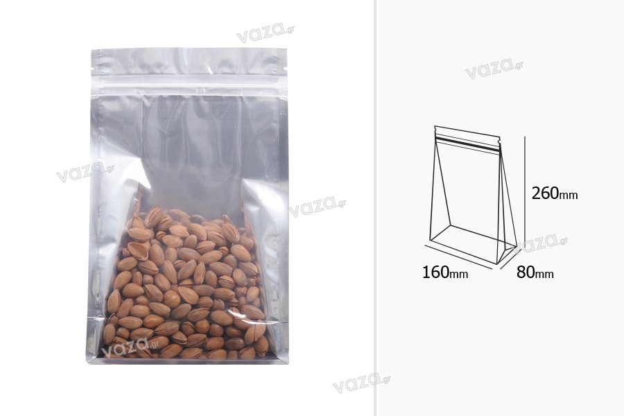 Transparent aluminum Doypack stand-up pouch with zipper and heat sealable, 160x80x260 mm - 50 pcs