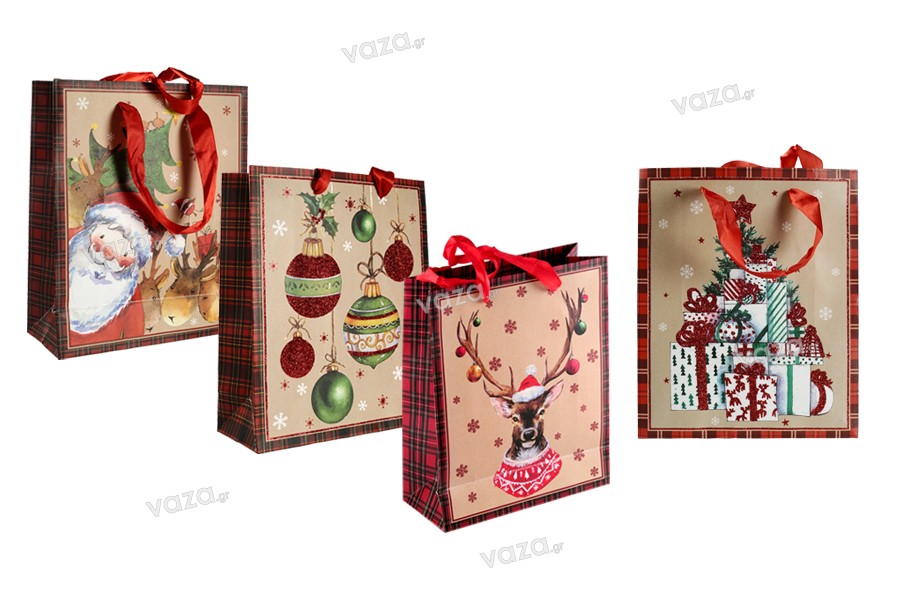 Christmas gift bag with red satin ribbon handle in size 195x80x235 mm - 12 pcs