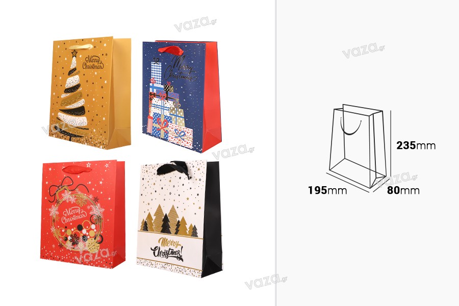 Χριστουγεννιάτικη τσάντα δώρου 195x80x235 mm με κορδέλα για χερούλι (mix color) - 12 τμχ