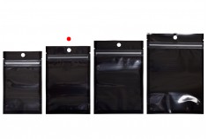 Sacchetti tipo Doy Pack 90x30x140mm in alluminio con retro nero e fronte trasparente con chiusura a zip e capacità di saldatura con termosaldatura - 100 pz