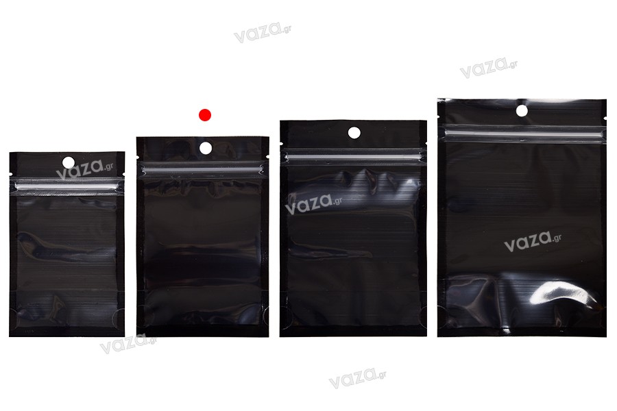 Σακουλάκια τύπου Doy Pack 90x30x140 mm αλουμινίου με μαύρη πίσω πλευρά, διάφανο μπροστά με κλείσιμο "zip" και δυνατότητα σφράγισης με θερμοκόλληση - 100 τμχ