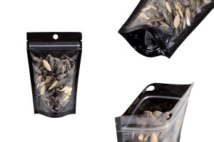 Doy Pack Beutel 90x30x140mm Aluminium mit schwarzer Rückseite, transparenter Vorderseite mit "Reißverschluss" und Möglichkeit zum Heißsiegeln - 100 Stück-εικόνα_προϊοντική