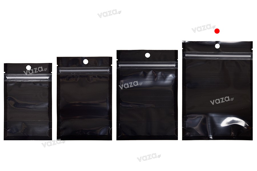 Σακουλάκια τύπου Doy Pack 120x40x170 mm αλουμινίου με μαύρη πίσω πλευρά, διάφανο μπροστά με κλείσιμο "zip" και δυνατότητα σφράγισης με θερμοκόλληση - 100 τμχ