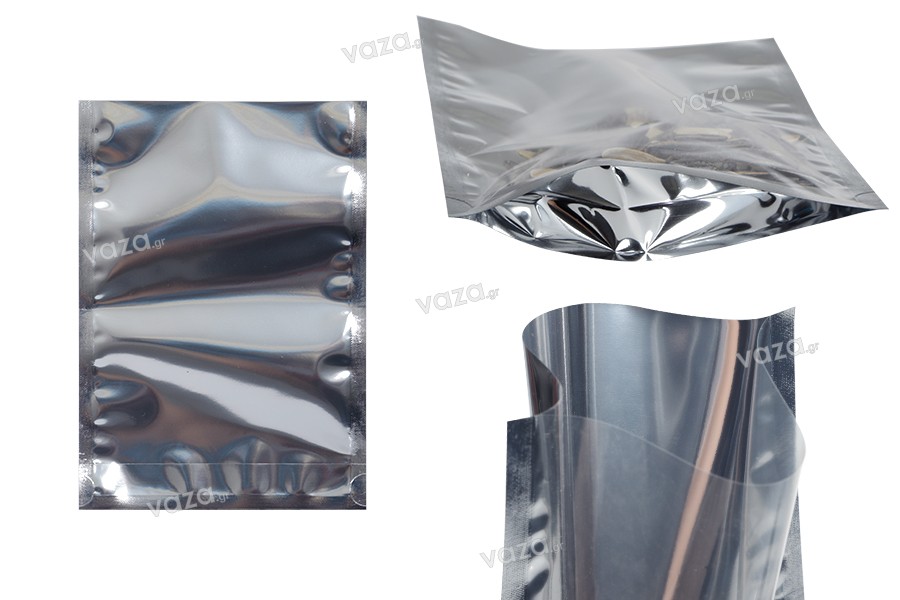 Sachets en aluminium de type Doypack, fenêtre transparente avec fermeture  zip et possibilité de thermoscellage 140 x 40 x 200 mm - 50 pcs