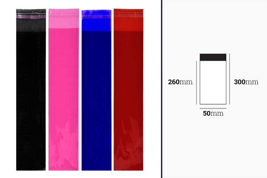 Çeşitli renklerde kendinden yapışkanlı kapamalı 50x300 mm yarı saydam torbalar - 100 adet